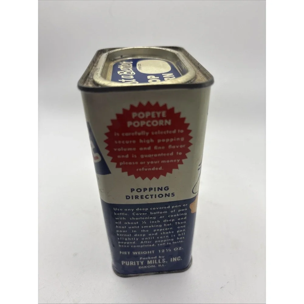 Vtg 1949 Popeye White Hulless Popcorn Tin Can 12.5 Oz  Empty Prop Advertising